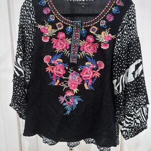 CALEAAS Black Blouse with Vibrant Embroidery